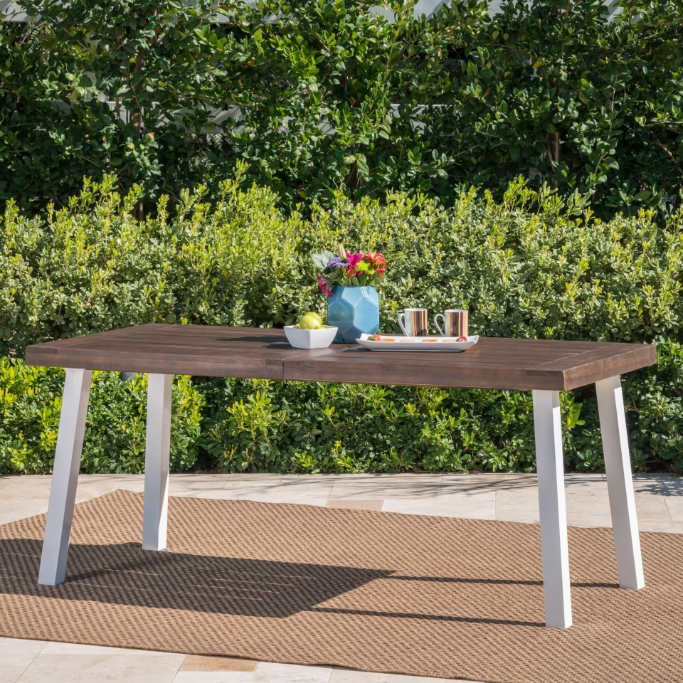 Value Durable Elaina Outdoor Acacia Wood Dining Table with Metal Legs, Dark Brown, White Rustic Metal