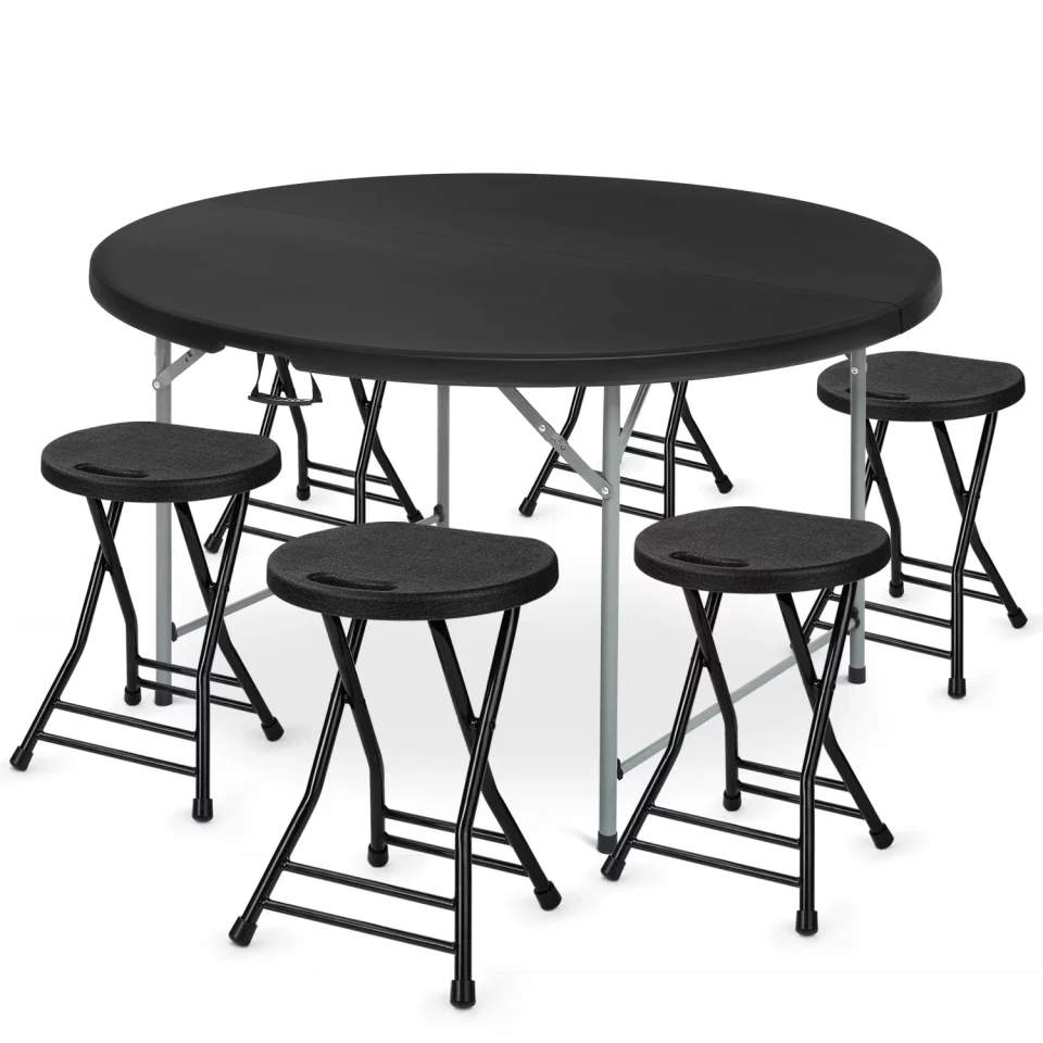 Ceramic MoNiBloom 7 Pieces 5 FT Folding Black Round Table and Chair Set, Event Party Card Desk with Handle and Foldable Steel Stools
