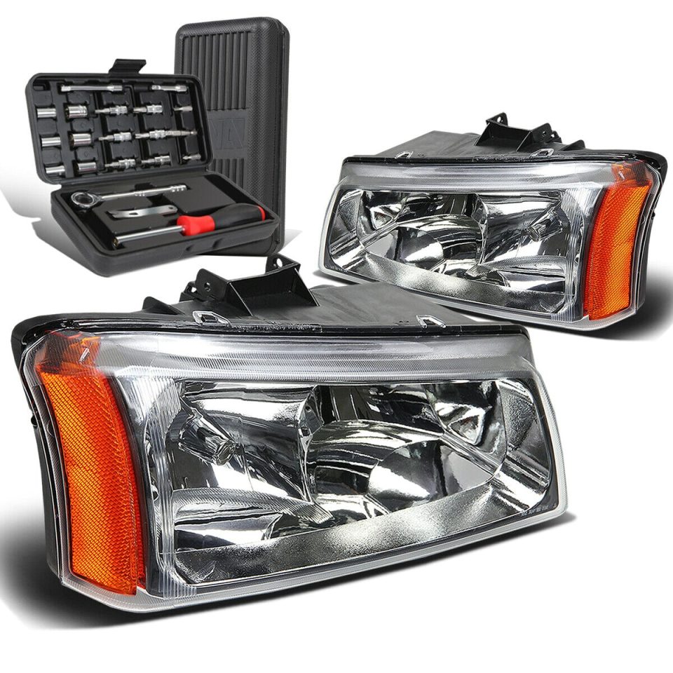 Polished 2003-2006 Chevy Silverado Chrome/Amber Signal Upper Headlight Lamps+Tool Box