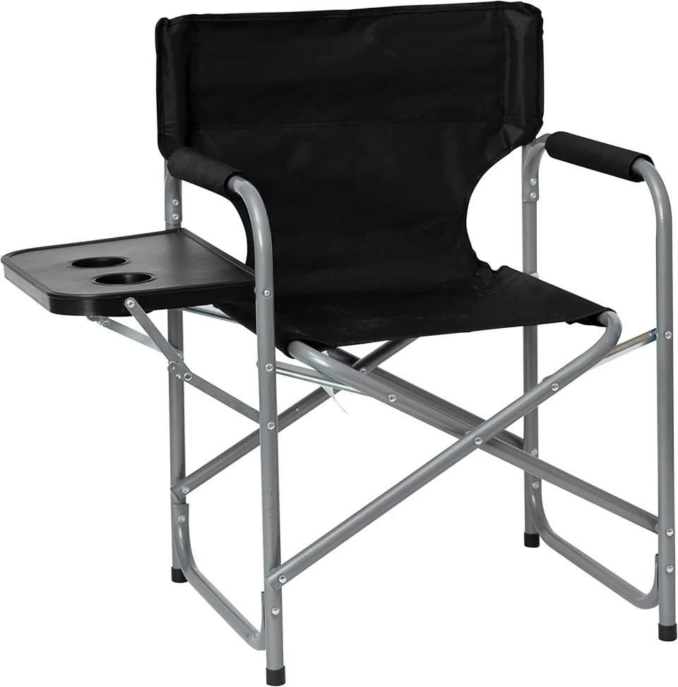 Long-Lasting Black Canvas Folding Director's Chair With Gray Steel Tube Frame-Integrated Folding Side Table With Cupholders