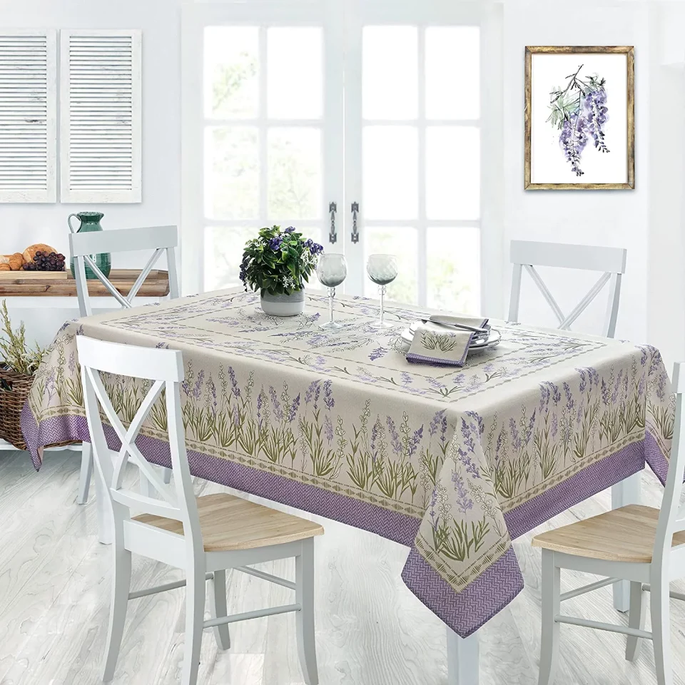 Natural Provence Blanchard Field of Lilacs Bordered Print Country French Fabric Tablecloth by Home Bargains Plus, Indoor Outdoor, Stain and Water Resistant, 52ﾡﾱ x 52ﾡﾱ Square