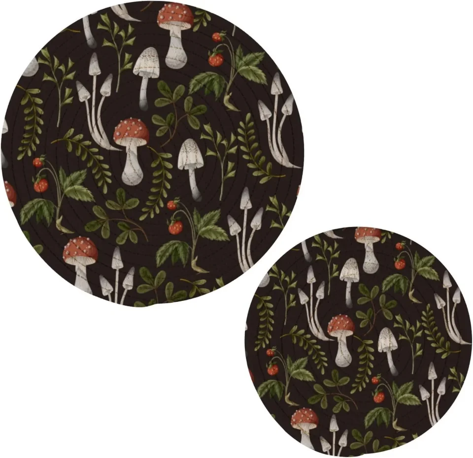 Lightweight Coolnut Cute Mushroom Cotton Pot Holder Set of 22, Pure Cotton Wear-Resistant and Non-Slip Stylish Round Pot Holder for Daily Kitchen, Dining Table, Office, Cafe, Restaurant, BBQ Home Decor Gifts