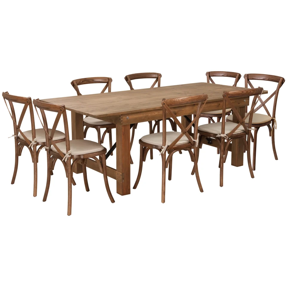 Pure Dining Flash Furniture HERCULES Series 7' x 40'' Antique Rustic Folding Farm Table Set with 8 Cross Back Chairs and Cushions