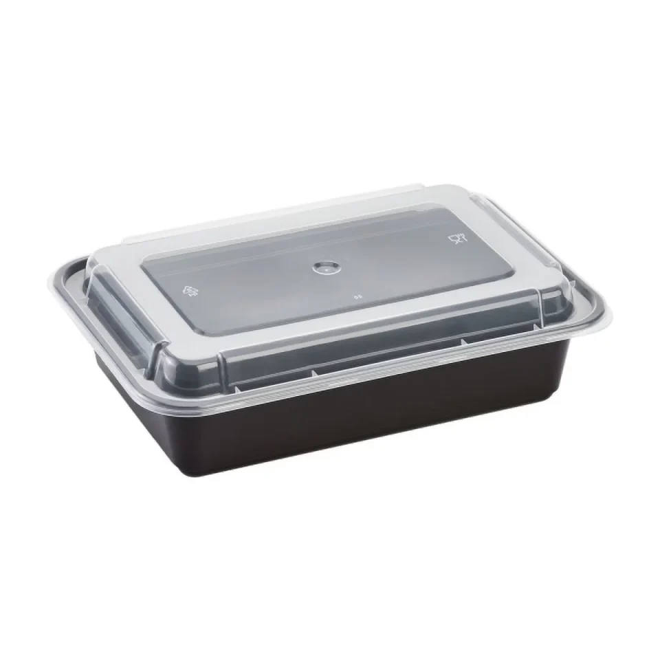 Supreme Glossy Karat IM-FC1038B 38 oz. PP Injection Molding Microwaveable Food Containers with Clear Lids, Rectangular, Black