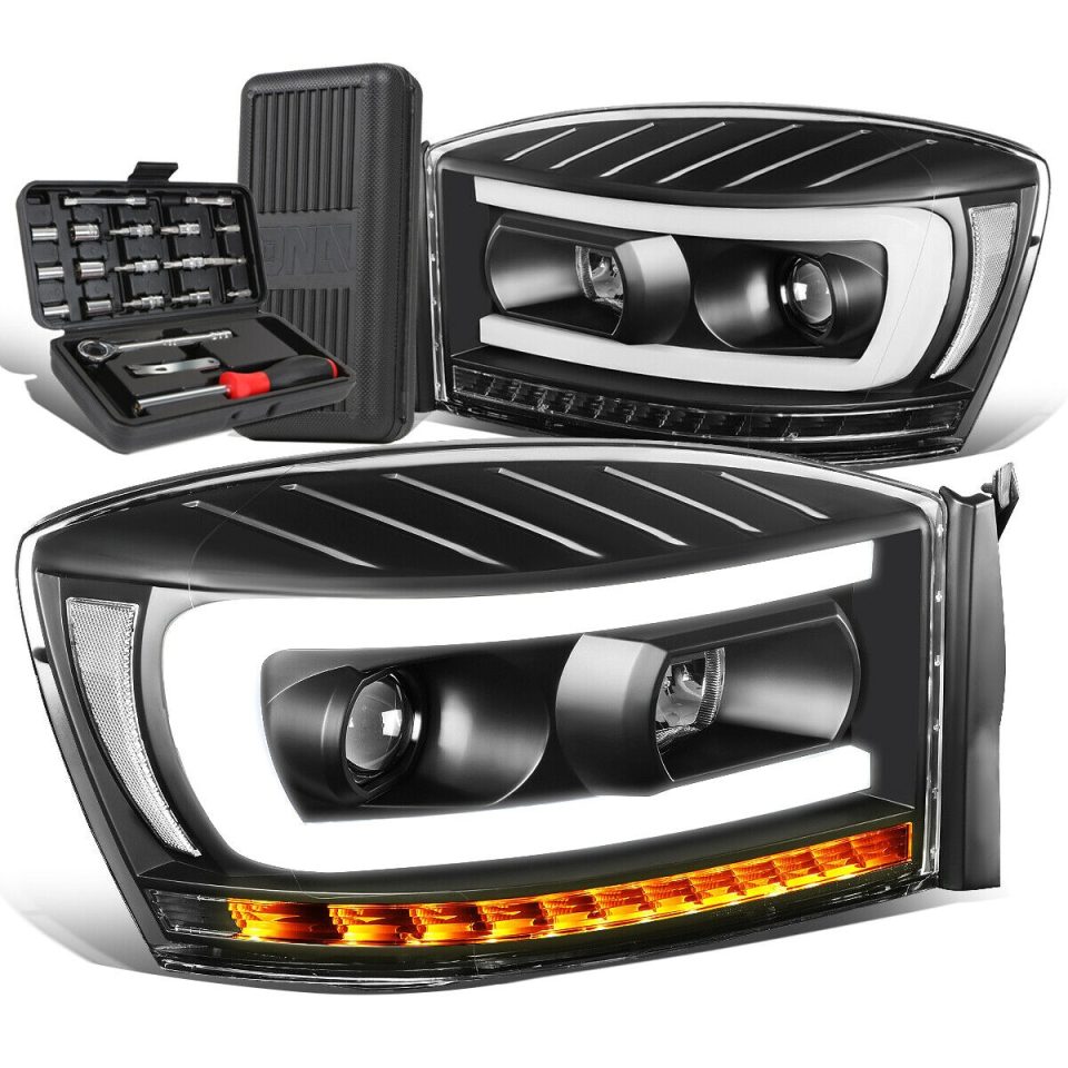Versatile 2006-2009 Dodge Ram LED Sequential Black Clear Projector Headlight+Tool Box