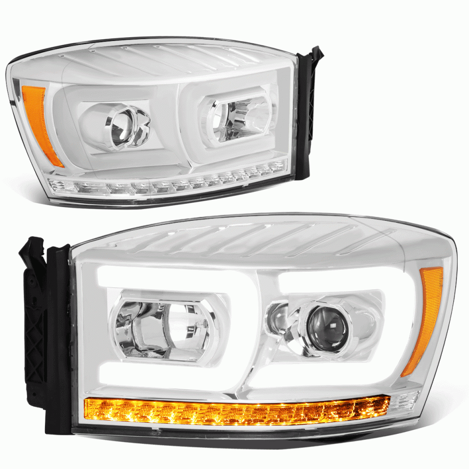 Home 06-09 Ram Truck Dual LED DRL+Sequential Turn Signal Projector Headlight Lamp