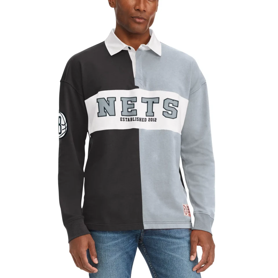 Office Men's Tommy Jeans Black/Gray Brooklyn Nets Ronnie Rugby Long Sleeve T-Shirt