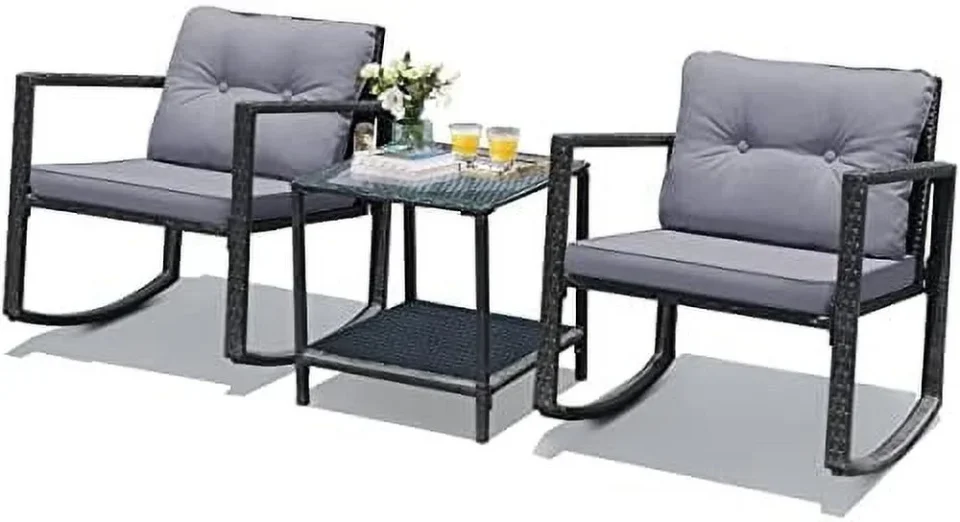 Matte xrboomlife 3 Pieces Rocking Bistro Set Outdoor Patio Rocking Chairs with Coffee Table Rattan Wicker Conversation Set for Garden Lawn Backyard Balcony