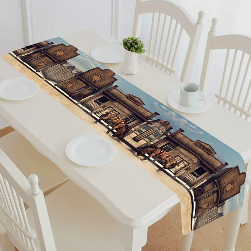 Food-Grade ABPHQTO Colorful Wild West Scenery Horse Front Bank 3D Table Runner Placemat Tablecloth For Home Decor 16x72 Inch