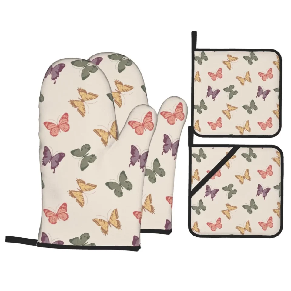 Versatile XMXT Waterproof Oven Mitts and Pot Holders Sets, Vintage Colorful Butterfly Sets Kitchen Cooking Heat Resistant, 4 Pcs