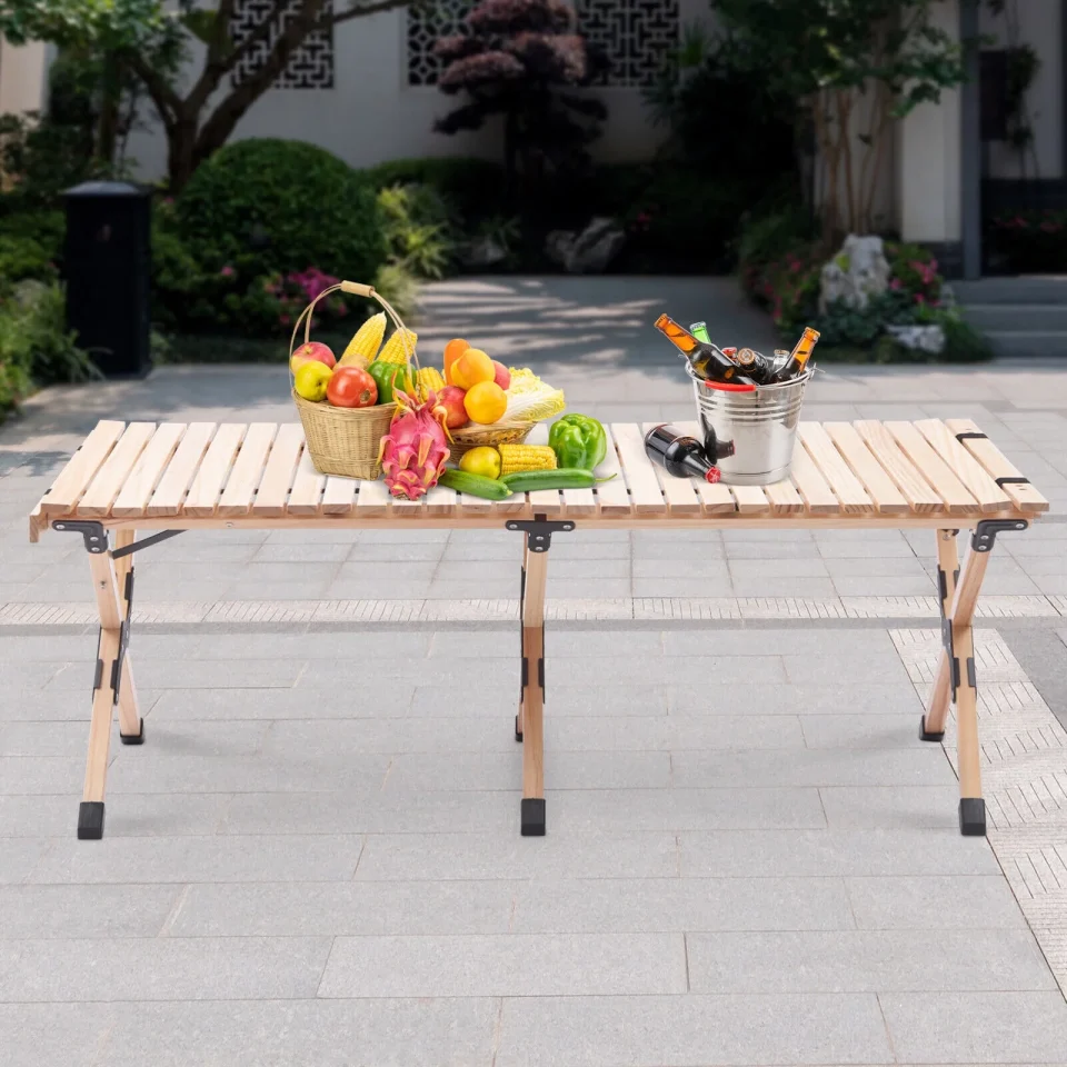 Select Pure Folding Table Wooden Picnic Camping Roll Up Carrying Bag Beach Wood Portable