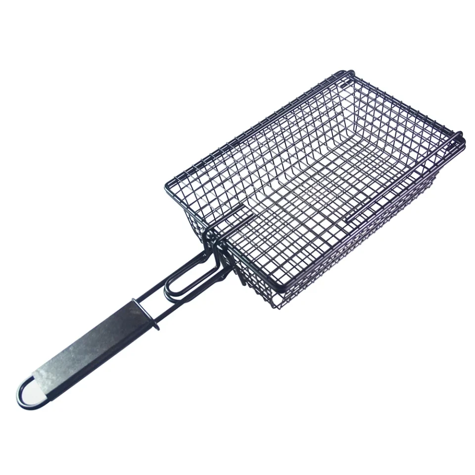 Healthy Thickened Grilling Nonstick Grill Basket with Lid Metal Barbecue Basket with Foldable Removeable Wooden Handle BBQ Barbecue Tool for Fish Vegetable Steak Meat Shrimp