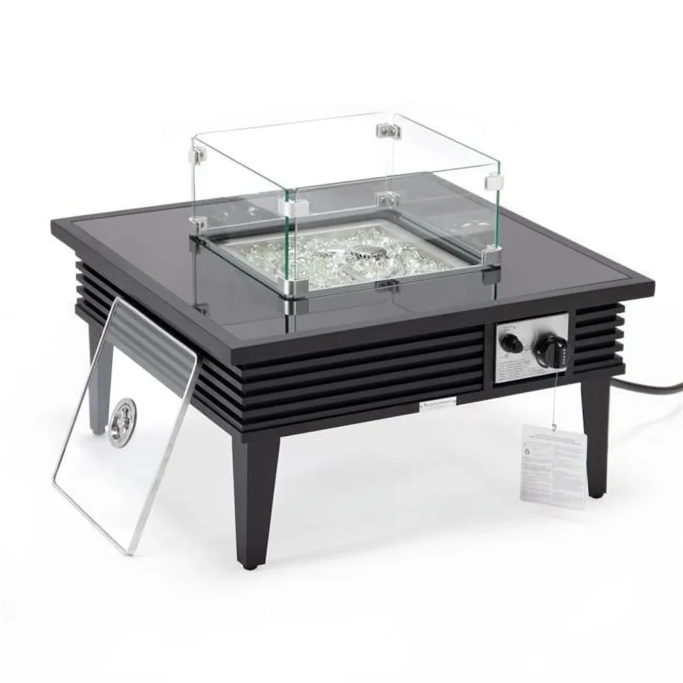 Dining 20 x 26.8 x 26.8 in. Walbrooke Outdoor Patio Aluminum Square Slats Design Fire Pit Side Table with Lid & Fire Glass, Black