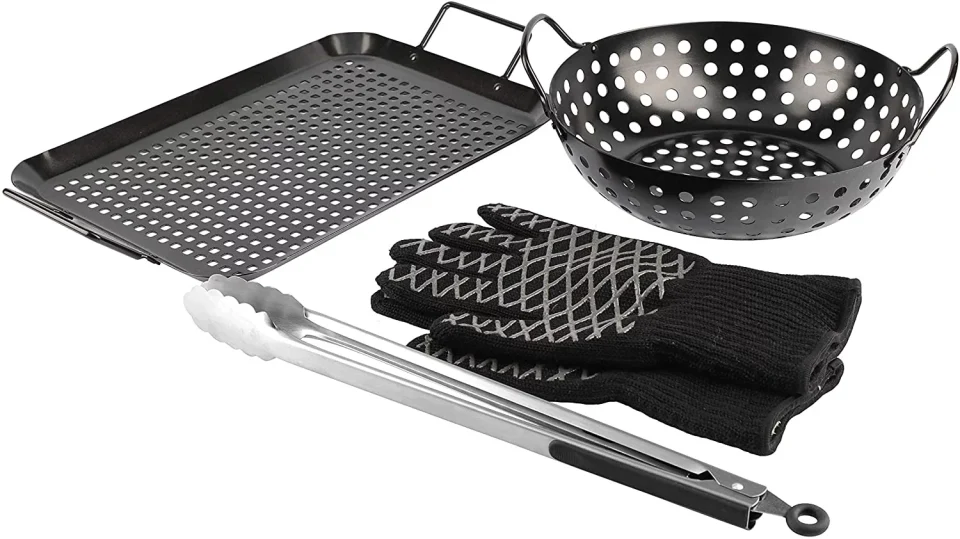 Silicone PitMaster King 5pc Grill Topper BBQ Grilling Matte Black Pan and Tray Set with Tongs and 932F Heat Resistant Gloves
