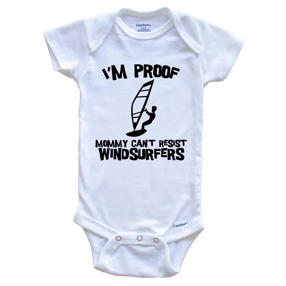 Premium Cast Iron I'm Proof Mommy Can't Resist Windsurfers Funny Windsurfing Baby Bodysuit, 0-3 Months White