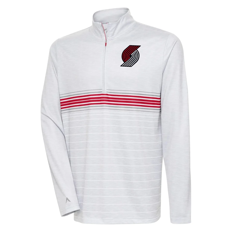 Dining Men's Antigua Heather Gray/Red Portland Trail Blazers Bullseye Quarter-Zip Pullover Top