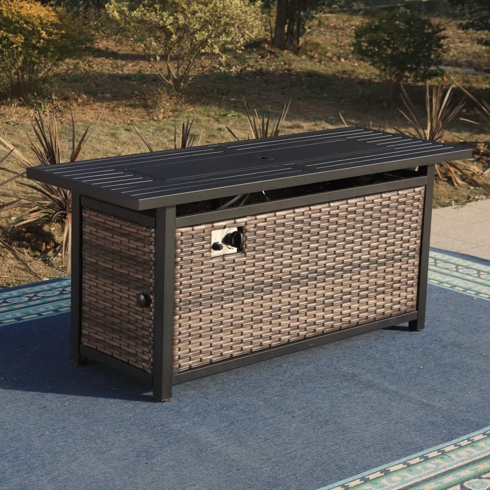 Supreme Space-Saving MF Studio 56 50000BUT Propane Fire Pit Wicker Table with Lid, Black