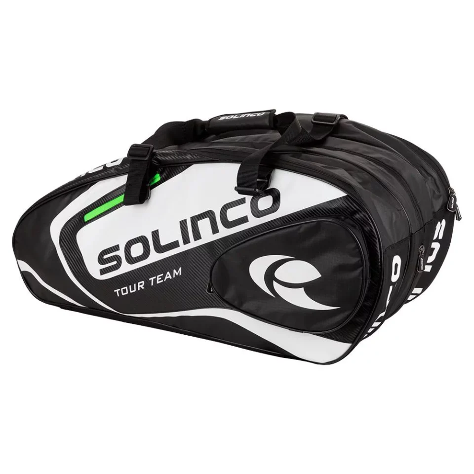 Cast Iron Solinco 15-Pack Tour Team Tennis Racquet Bag White and Black with Green Zipper Lining ( OS )