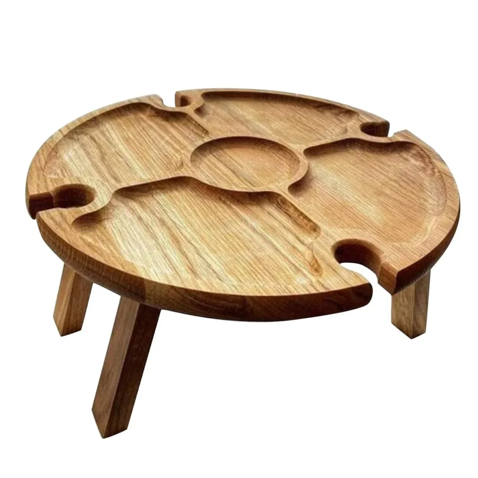 Storage Leak-Proof Sunisery Wooden Collapsible Table with Grooves Round Shape Folding Table for Picnic Camping