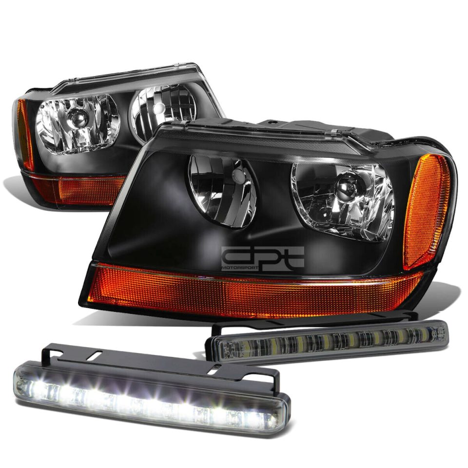 Essential BLACK HEAD+AMBER SIGNAL+SMOKED LED FOG LIGHT KIT 99-04 JEEP GRAND CHEROKEE