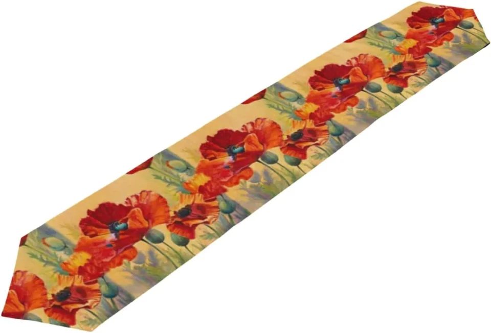 Upgraded Gift-Ready GZHJMY Double Sided Poppy Floral Long Polyester Table Runner 13 x 90 Inches Flower Table Cloth Cover Placemats for Kitchen Dinning Living Holiday Wedding Party Decor