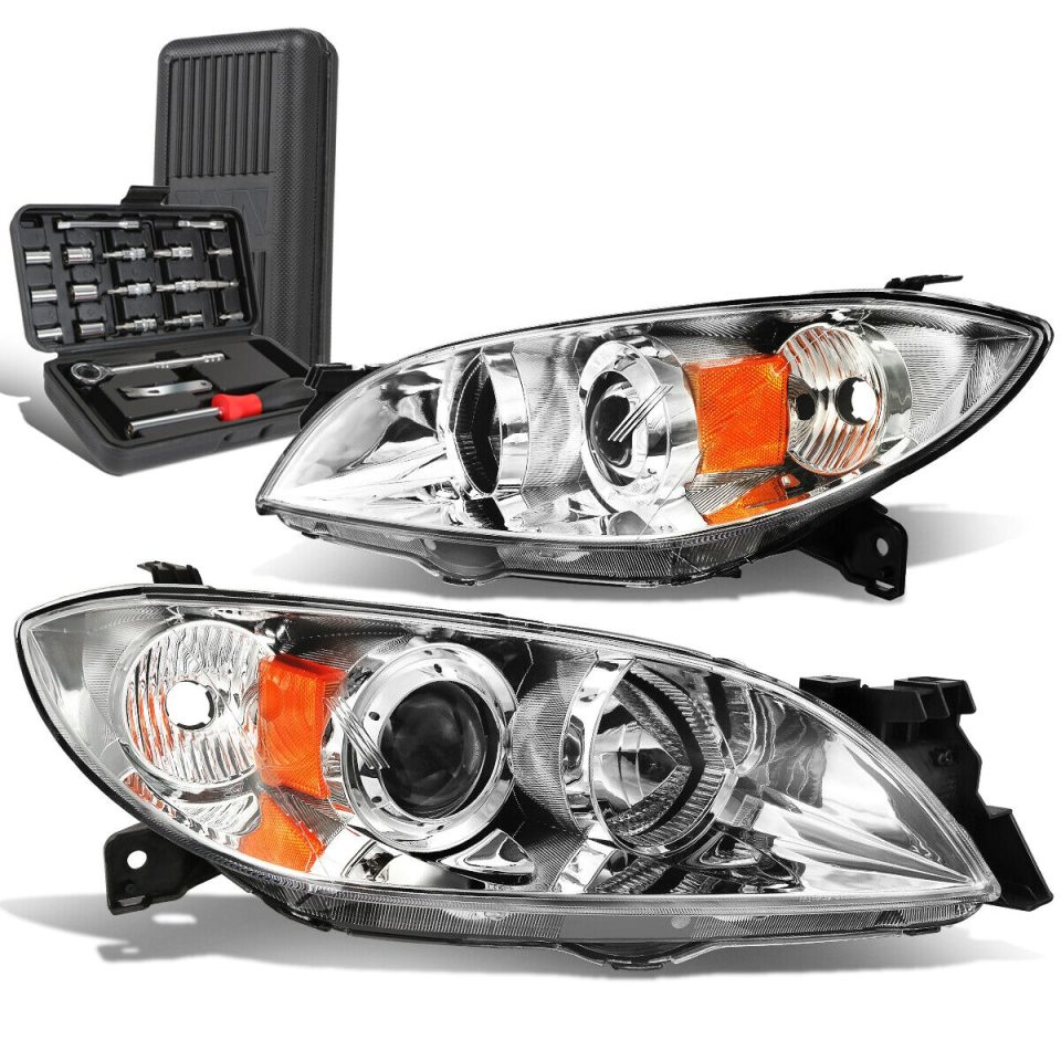 Food-Grade 2004-2009 Mazda 3 Sedan Chrome/Amber Signal Projector Headlights+Too