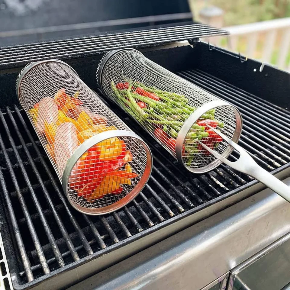Matte Versatile BBQ Net Tube, Rolling Grill Basket Stainless Steel,Portable Outdoor BBQ Camping Grill Vegetables, French Fries,Grill Cooking.