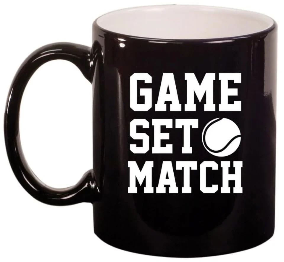 Durable Game Set Match Tennis Ceramic Coffee Mug Tea Cup Gift for Her, Him, Friend, Coworker, Wife, Husband (11oz Gloss Black)