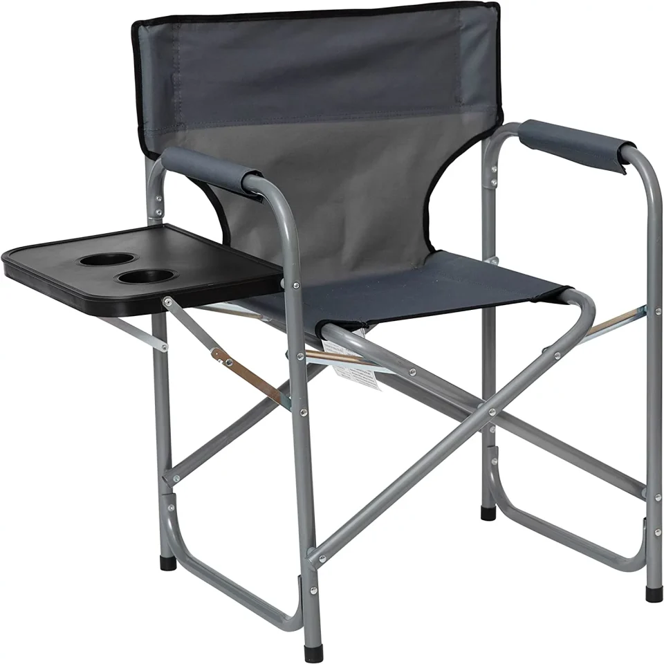Value Gray Canvas Folding Director's Chair With Black Accent Trim, Gray Steel Tube Frame-Integrated Folding Side Table With Cupholders